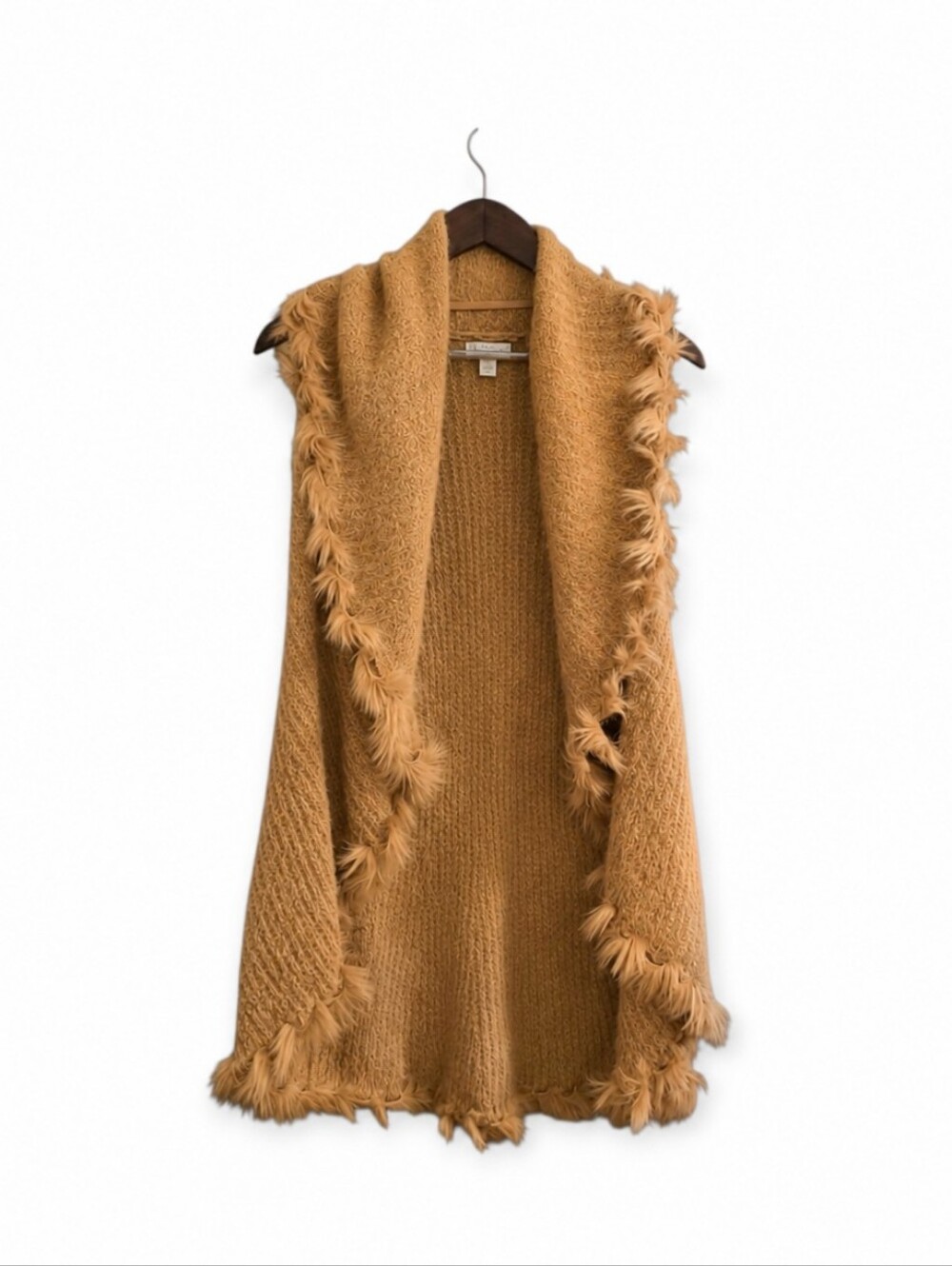 C Est 1946 Camel Knit Cardigan Faux Fur Fringe Trim Size L